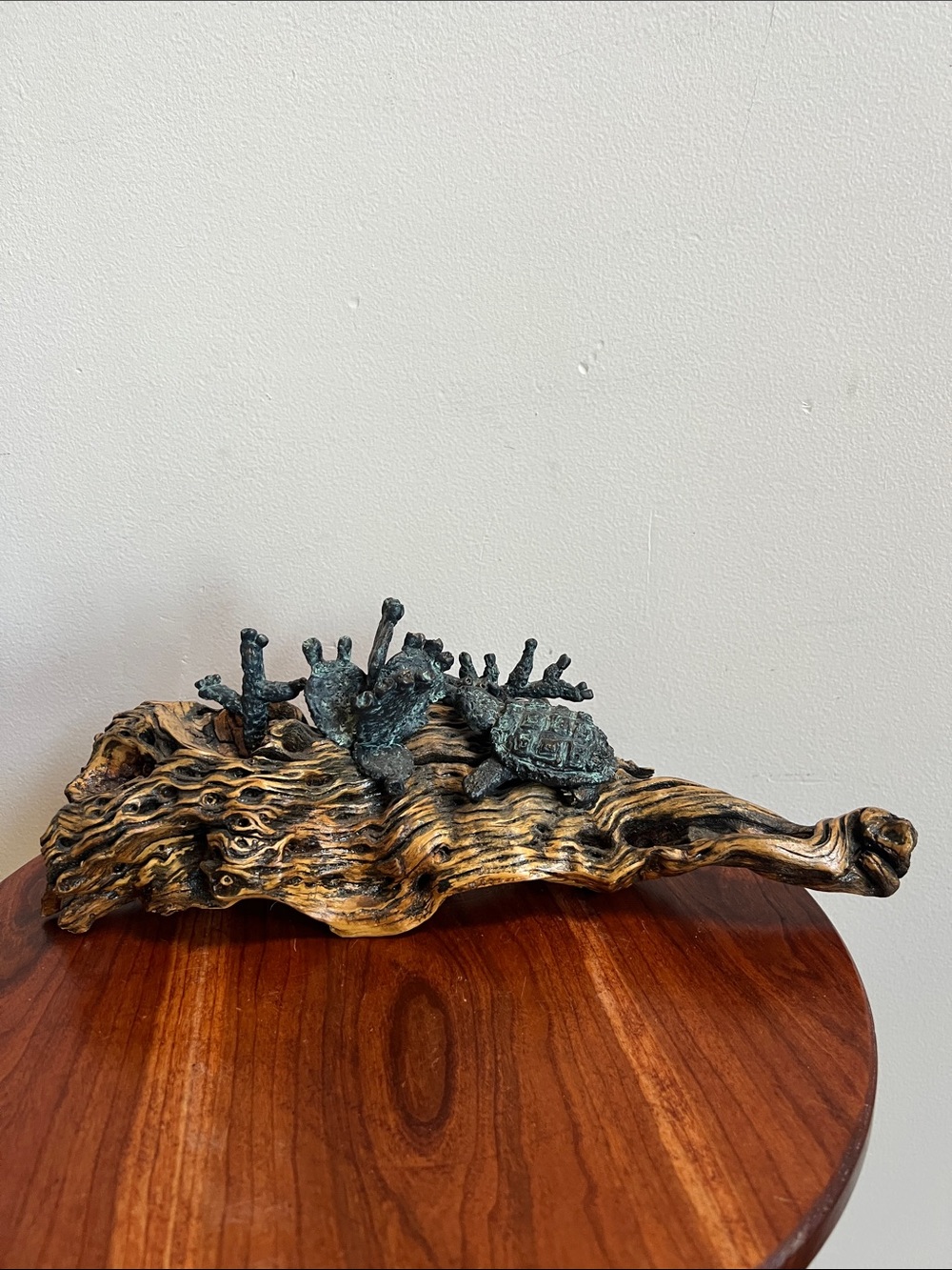Driftwood Sculpture with Green-Patina Turtles and coral art by Thompson
